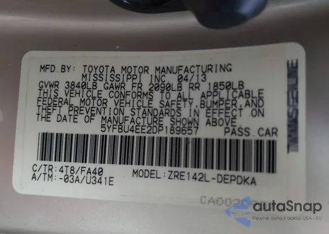 2013 Toyota Corolla L z USA, uszkodzony, nr VIN 5YFBU4EE2DP189657